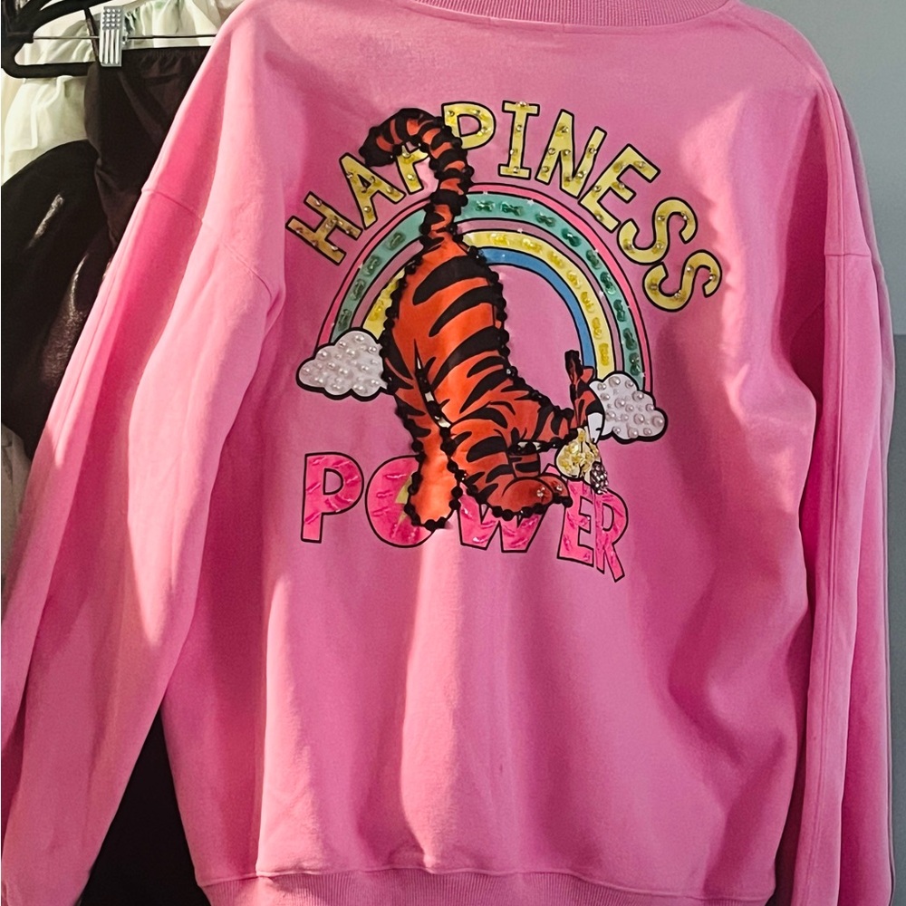 'HAPPINESS' HOT PINK Sweatshirt STUNNING Stones all over the back..O/S 💗🤩
